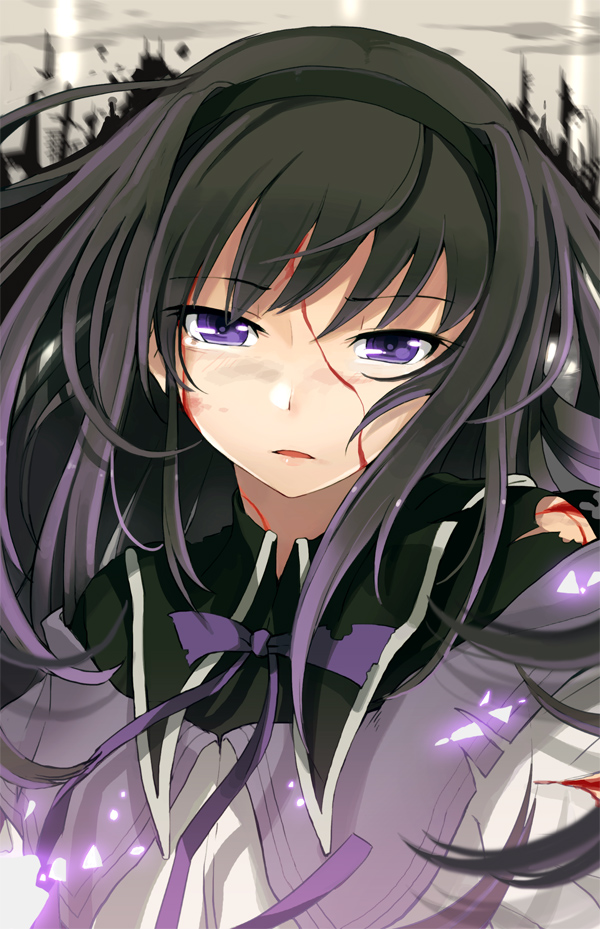 akemi_homura armcho black_hair blood blood_on_face face hairband long_hair looking_at_viewer mahou_shoujo_madoka_magica purple_eyes solo torn_clothes upper_body