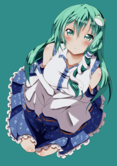 bad_id bad_pixiv_id bare_shoulders blush breasts detached_sleeves frog from_above green_eyes green_hair hair_ornament kochiya_sanae large_breasts long_hair looking_up shiroie_mika shirt simple_background solo taut_clothes taut_shirt touhou v_arms