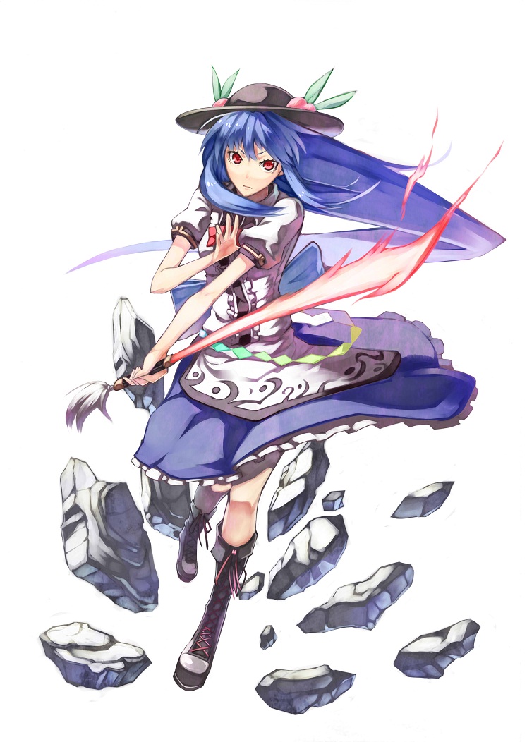 blue_hair boots cross-laced_footwear food fruit full_body glaring hat hinanawi_tenshi knee_boots lace-up_boots long_hair looking_at_viewer peach red_eyes rock simple_background solo sukocchi sword_of_hisou touhou