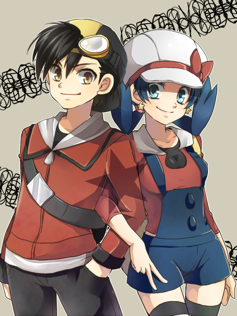 1girl alternate_costume aqua_eyes backwards_hat baseball_cap black_hair cabbie_hat crystal_(pokemon) earrings goggles gold_(pokemon) hat jewelry locked_arms mokorei overalls pokemon pokemon_special smile standing thigh_gap thighhighs twintails v yellow_eyes