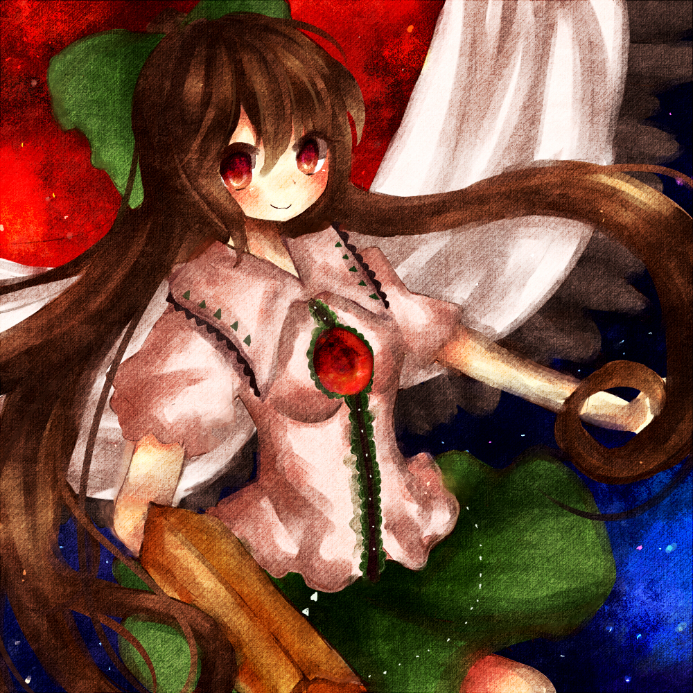 brown_hair hair_ribbon hatasan long_hair red_eyes reiuji_utsuho ribbon solo third_eye touhou wings