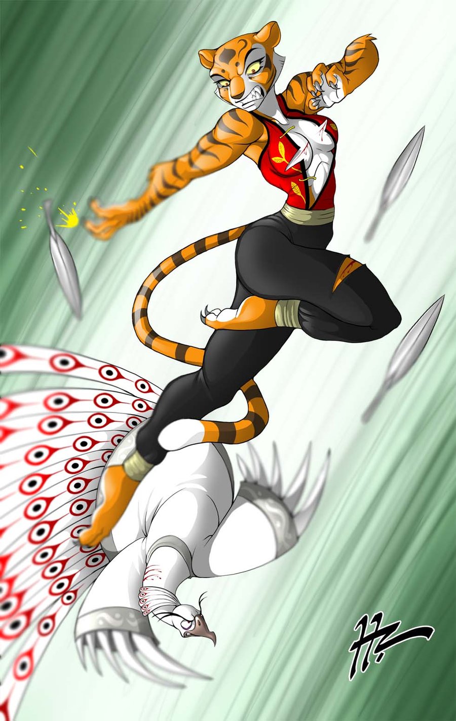 avian bird feline female fight hzblunte kung_fu_panda lord_shen master_tigress peacock tiger