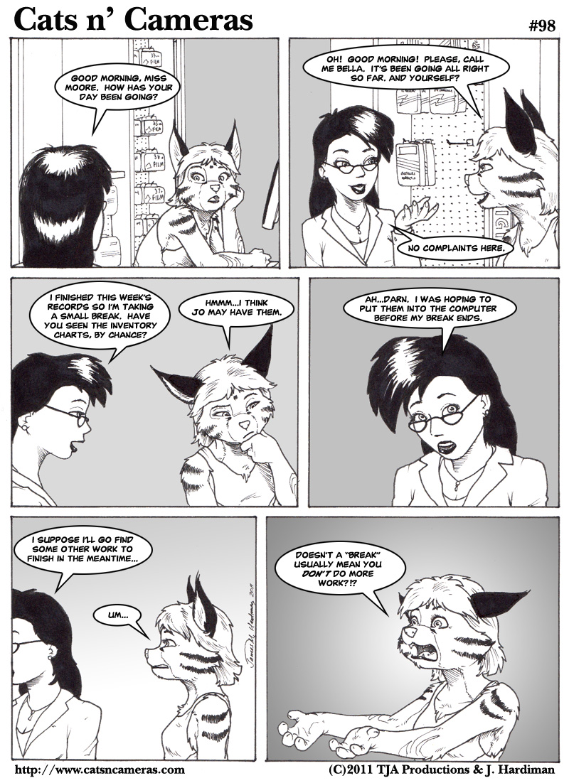 black_and_white cats_n'_cameras cats_n'_cameras comic dialog dialogue english_text feline greyscale human james_m_hardiman mammal monochrome serval text