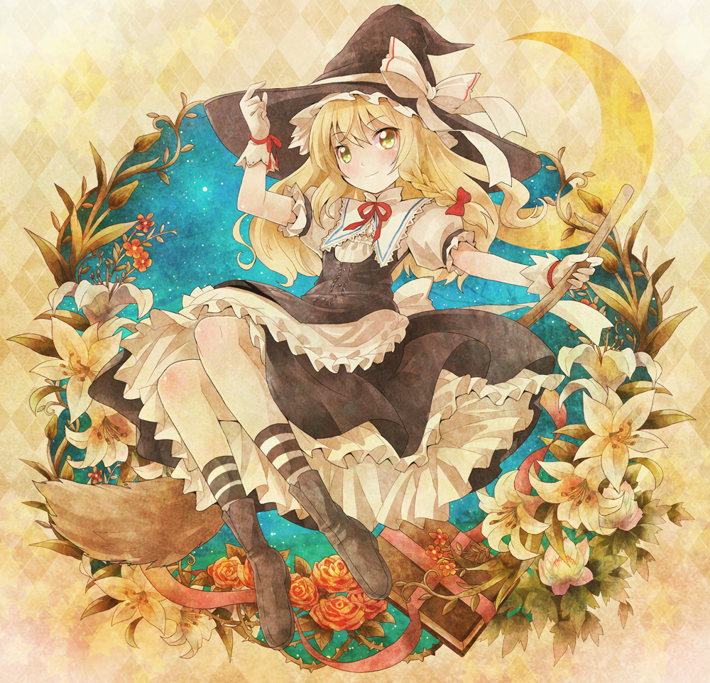 argyle argyle_background blonde_hair blush book bow braid broom crescent_moon dress floral_background flower frills gloves hair_bow hand_on_headwear hat hat_bow kirisame_marisa lily_(flower) long_hair michii_yuuki moon night night_sky plant red_flower red_rose ribbon rose single_braid sky socks solo star striped striped_legwear touhou vines witch witch_hat wrist_cuffs yellow_eyes