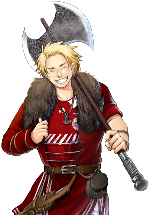 axe axis_powers_hetalia belt blonde_hair closed_eyes denmark_(hetalia) fur grin jersey jewelry knife male_focus md5_mismatch necklace pouch sherry_lai simple_background smile solo weapon white_background
