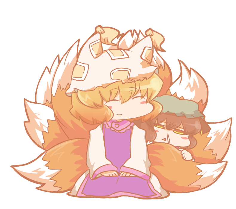 animal_ears bad_id bad_pixiv_id blonde_hair blush_stickers brown_hair cat_ears chen closed_eyes earrings hat jewelry multiple_girls multiple_tails nura_(oaaaaaa) sitting smile snot tail touhou transparent_background yakumo_ran yellow_eyes