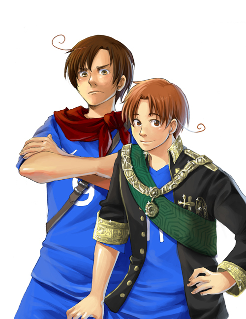 ahoge axis_powers_hetalia brown_eyes brown_hair frown looking_at_viewer male_focus md5_mismatch multiple_boys northern_italy_(hetalia) sherry_lai simple_background smile southern_italy_(hetalia) white_background