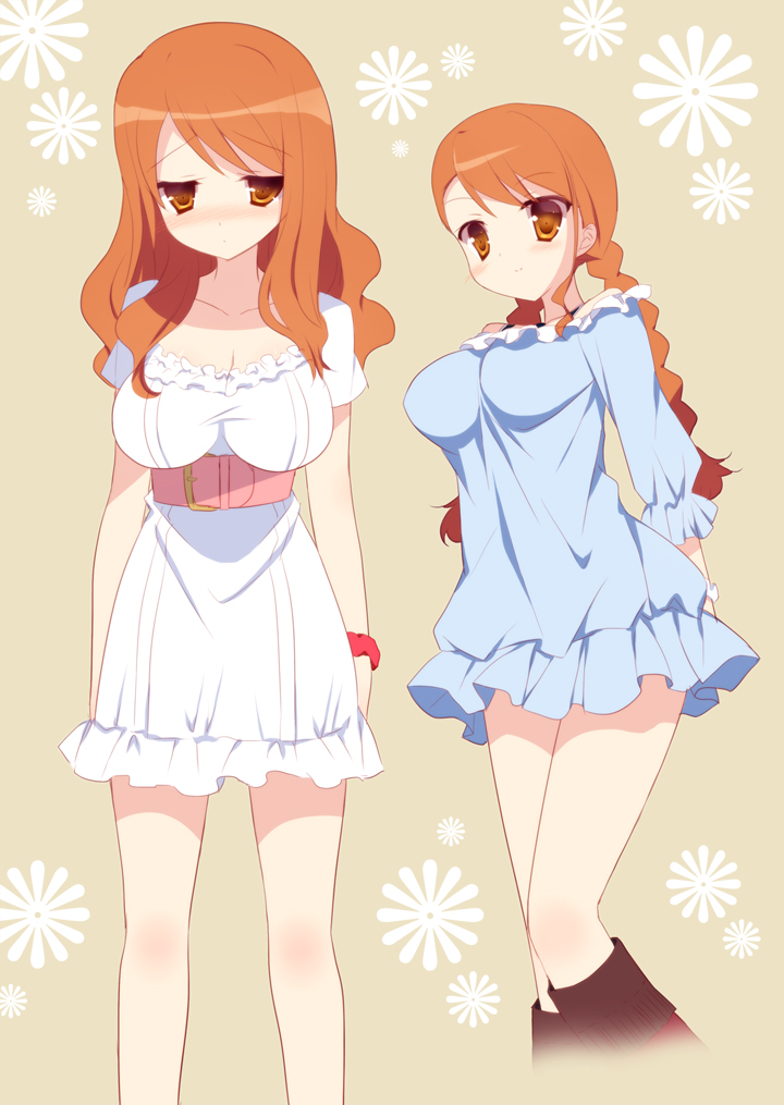 alternate_costume alternate_hairstyle anjou_naruko ano_hi_mita_hana_no_namae_wo_bokutachi_wa_mada_shiranai. bad_id bad_pixiv_id belt blush braid dress long_hair orange_eyes orange_hair solo sumii twin_braids