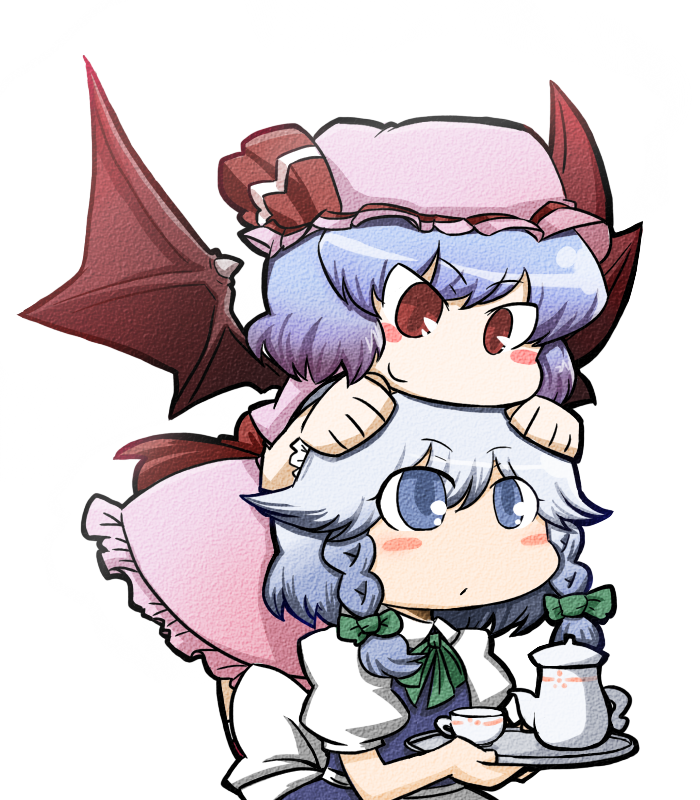 apron bad_id bad_pixiv_id blue_eyes blue_hair blush_stickers bow braid chibi cup dress hair_bow hat hat_bow izayoi_sakuya multiple_girls nura_(oaaaaaa) on_head person_on_head red_eyes remilia_scarlet smile teacup touhou transparent_background wings