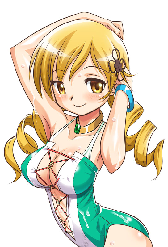 arms_up blonde_hair casual_one-piece_swimsuit denden_(dendenden) drill_hair long_hair mahou_shoujo_madoka_magica one-piece_swimsuit solo swimsuit tomoe_mami twin_drills twintails yellow_eyes