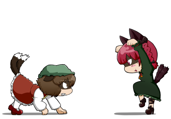all_fours animal_ears bad_id bad_pixiv_id blush_stickers bow braid brown_eyes brown_hair cat_ears cat_tail chen chibi dress duel fighting fighting_stance frills hair_bow hat kaenbyou_rin multiple_girls nura_(oaaaaaa) open_mouth red_eyes red_hair shadow sharp_teeth simple_background tail teeth touhou