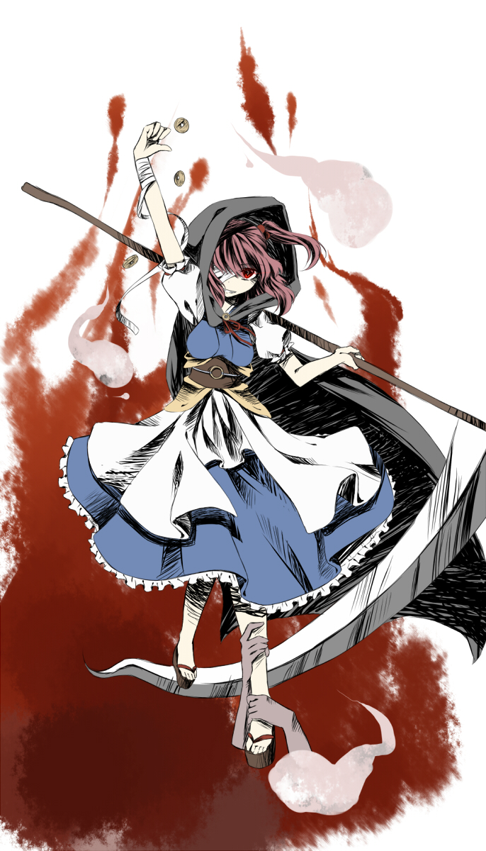 bad_id bad_pixiv_id bandages bare_legs clenched_teeth cloak coin dress frills ghost hair_bobbles hair_ornament hands highres onozuka_komachi pink_hair red_eyes scythe side_ponytail solo teeth tepes touhou