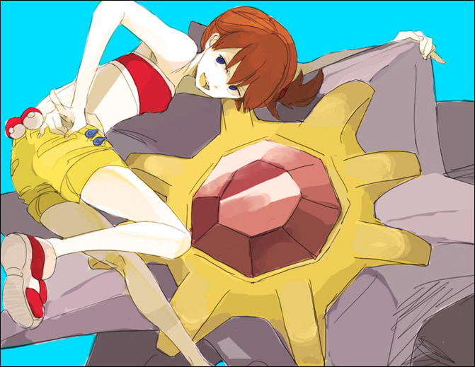 ass badge blue_eyes cascade_badge gen_1_pokemon gym_leader_badge kasumi_(pokemon) looking_back midriff poke_ball pokemon pokemon_(creature) pokemon_(game) pokemon_rgby red_hair shorts side_ponytail smile starmie strapless tsu_da tubetop waist_poke_ball