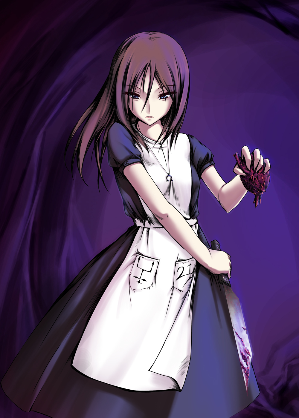 alice_(wonderland) alice_in_wonderland american_mcgee's_alice apron blood brown_hair highres jewelry knife long_hair long_skirt necklace skirt solo tenmaso