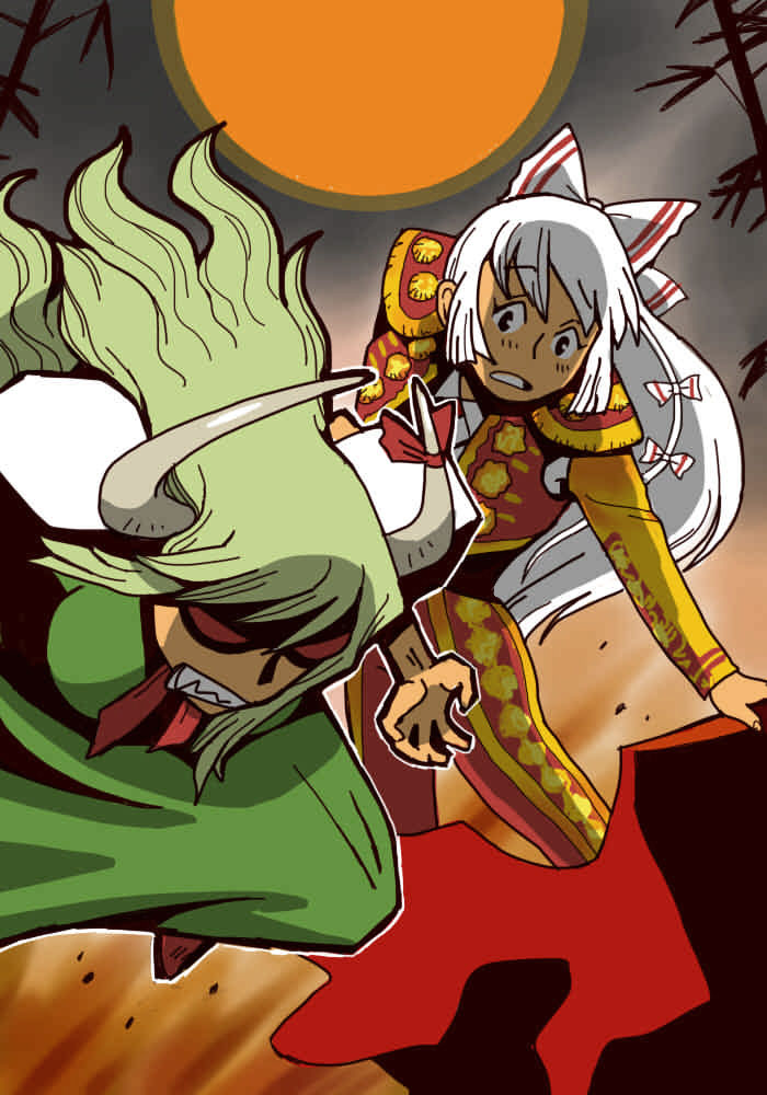 alternate_costume angry bullfighting ex-keine fujiwara_no_mokou full_moon green_hair horns jpeg_artifacts kamishirasawa_keine long_hair matador moon multiple_girls onikobe_rin touhou white_hair