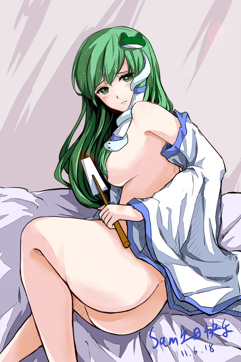 ass bad_id bad_pixiv_id blush breasts detached_sleeves gohei green_eyes green_hair hair_censor hair_ornament hair_over_breasts hair_tubes highres kochiya_sanae large_breasts long_hair lying nude on_side sideboob signature sindre solo touhou