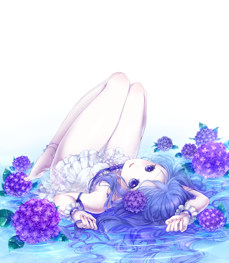 anklet aseton bad_id bad_pixiv_id bare_legs barefoot blue_eyes blue_hair dress feet flower frilled_dress frills hair_flower hair_ornament hydrangea jewelry legs long_hair looking_at_viewer lying on_back original sleeveless sleeveless_dress smile solo upside-down water wet wet_clothes wrist_cuffs
