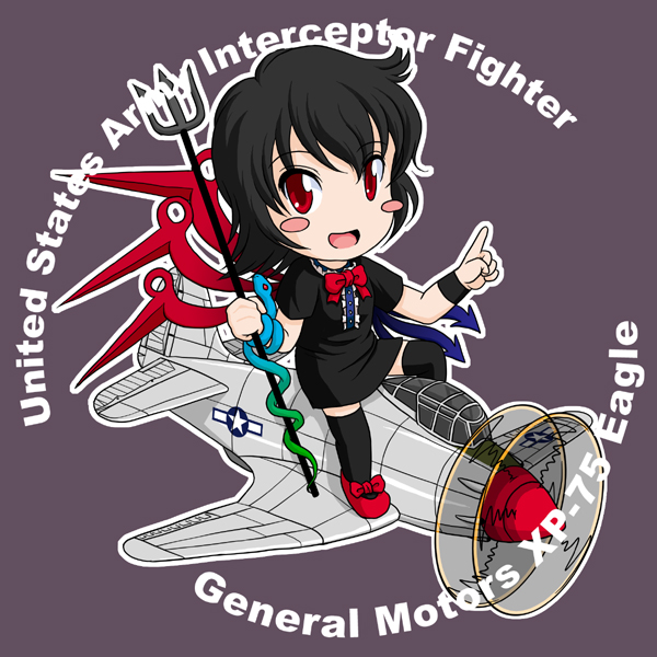 aircraft airplane asymmetrical_wings black_hair black_legwear blue_wings blush_stickers chibi chimera commentary_request dress houjuu_nue military no_nose open_mouth p-75_eagle pointing polearm red_eyes red_wings ribbon sakurato_tsuguhi short_hair snake solo thighhighs touhou trident weapon wings world_war_ii wristband