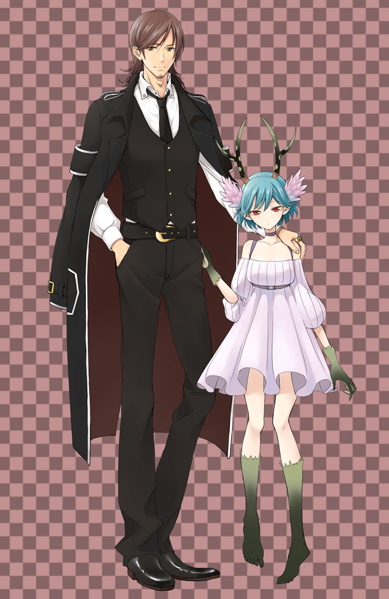 1girl antlers bad_id bad_pixiv_id beard belt blue_hair brown_eyes brown_hair c_(control) checkered checkered_background choker dress facial_hair formal hand_in_pocket hand_on_shoulder head_wings height_difference highres jacket jewelry mikuni_souichirou necktie pale_skin q_(control) red_eyes ring smile taishou_tanaka vest