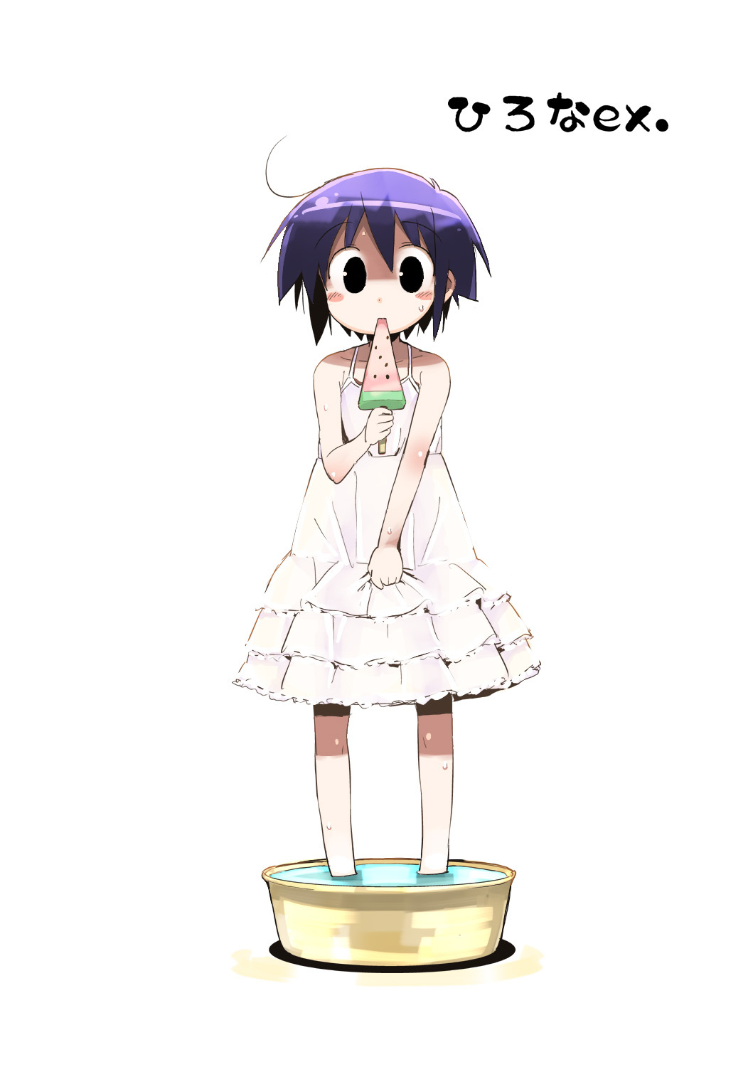 ahoge bangs bare_shoulders black_eyes blush_stickers child dress dress_tug eating flat_chest food frilled frilled_dress frills highres hirona_ex holding looking_at_viewer nakamura_hirona popsicle purple_hair short_hair simple_background solo standing suka sundress sweat wading washbowl water watermelon_bar white_background white_dress
