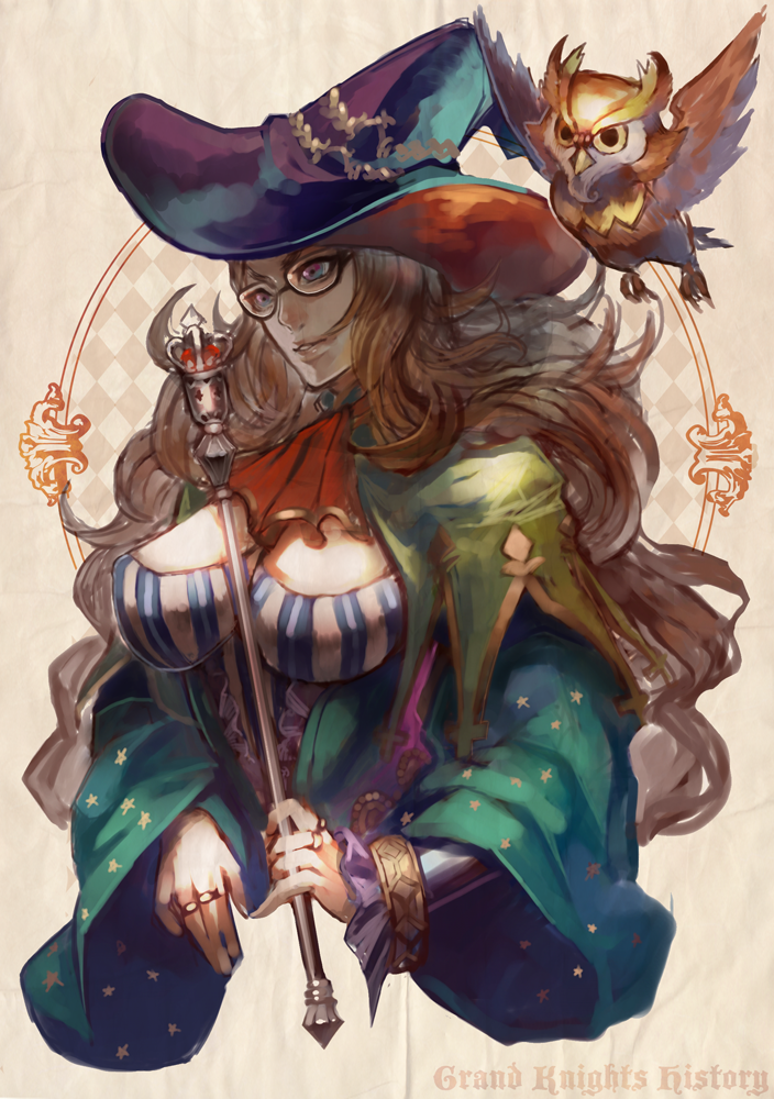 bird blonde_hair blue_eyes breasts brown_hair cleavage cravat curly_hair fantasy glasses grand_knights_history h@ruichi hat jewelry large_breasts long_hair muse_cromwell owl ring scarf scepter wand watermark witch_hat