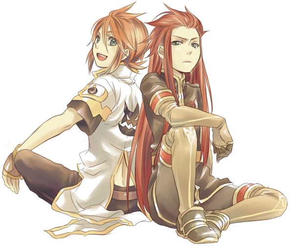 asch fingerless_gloves gloves green_eyes long_hair luke_fon_fabre male_focus miho_(mi) multiple_boys open_mouth red_hair surcoat tales_of_(series) tales_of_the_abyss white_background
