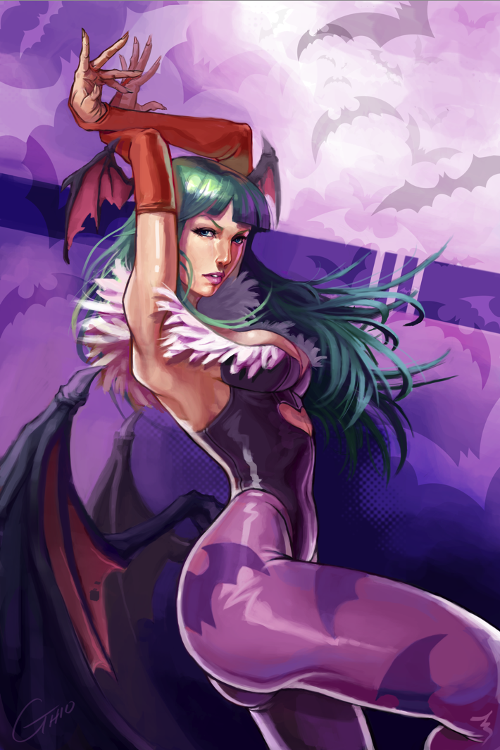 animal_print bad_deviantart_id bad_id bare_shoulders bat bat_print bat_wings breasts demon_girl elbow_gloves fingerless_gloves gloves green_eyes green_hair head_wings james_ghio large_breasts long_hair morrigan_aensland pantyhose print_legwear sideboob solo succubus vampire_(game) watermark wings