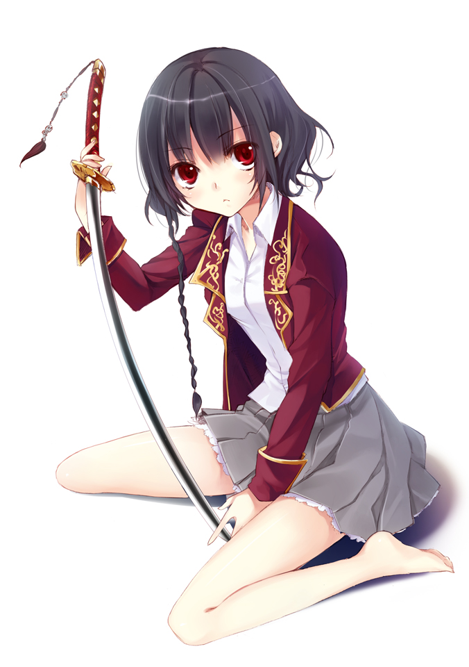 bad_id bad_pixiv_id bare_legs barefoot black_hair braid character_request copyright_request face feet itou_nanami katana red_eyes sitting skirt solo sword wariza weapon