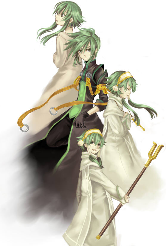arm_at_side bangs black_coat black_gloves black_pants closed_eyes closed_mouth florian_(tales) frown gloves green_eyes green_hair hair_between_eyes hair_tubes hand_on_own_chest holding holding_staff ion jewelry long_sleeves looking_at_viewer looking_up male_focus miho_(mi) multiple_boys ofuda pants parted_lips pom_pom_(clothes) profile ring robe scarf short_hair_with_long_locks simple_background sleeves_folded_up smile staff standing swept_bangs sync tales_of_(series) tales_of_the_abyss uniform white_background white_scarf