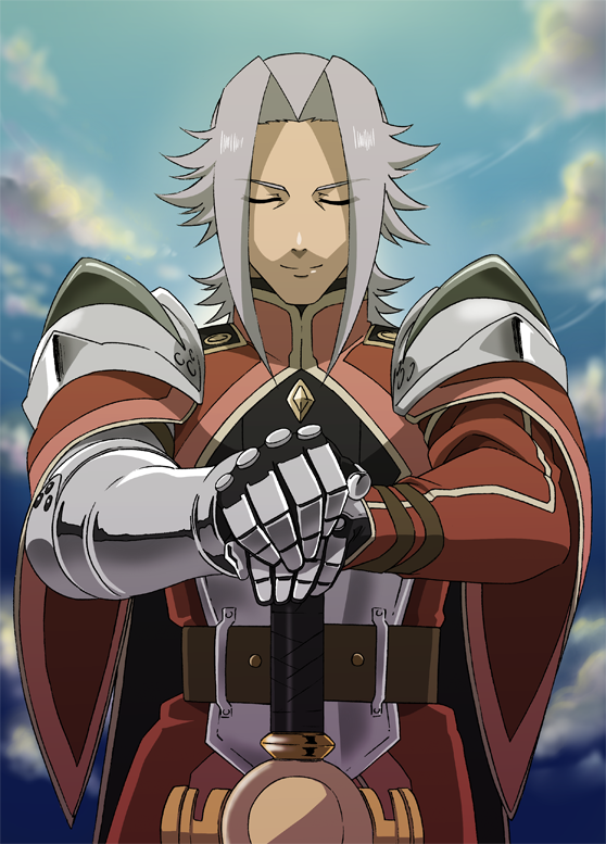 alexei_dinoia armor closed_eyes cloud kiriku_(nakuro) male_focus silver_hair sky solo surcoat sword tales_of_(series) tales_of_vesperia weapon