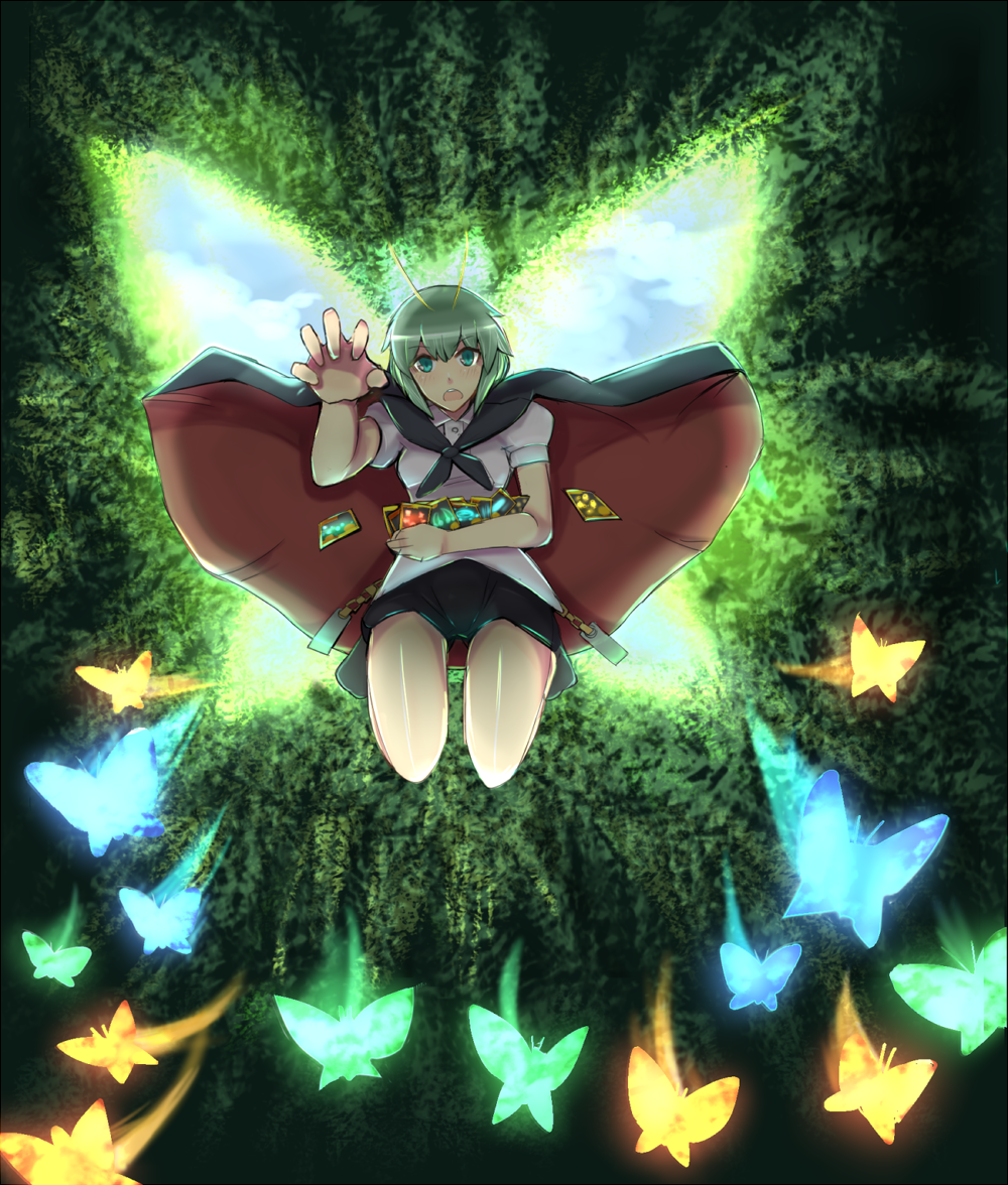 antennae bad_id bad_pixiv_id bug butterfly cape card cloud green_eyes green_hair insect open_mouth short_hair sky solo touhou wriggle_nightbug xenonstriker