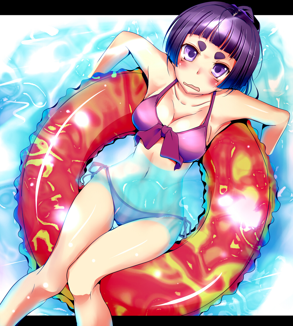 afloat ao_no_exorcist bikini blush breasts cleavage eyebrows from_above front-tie_top innertube kamiki_izumo long_hair long_legs medium_breasts natsu_(anta_tte_hitoha) navel open_mouth partially_submerged ponytail pool purple_bikini purple_eyes purple_hair short_eyebrows side-tie_bikini solo swimsuit thigh_gap water wavy_mouth