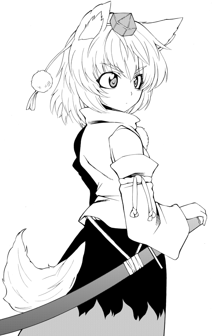 animal_ears bad_id bad_pixiv_id bare_shoulders detached_sleeves fuantei greyscale hat inubashiri_momiji looking_back monochrome serious short_hair skirt solo tail tokin_hat touhou wolf_ears wolf_tail