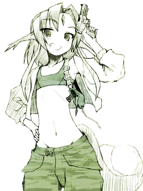 animal_ears camouflage carbuncle_(final_fantasy) facial_mark final_fantasy gem grin gun hand_on_hip jacket midriff monochrome navel pen_(pen3) personification short_hair smile solo tail tank_top weapon