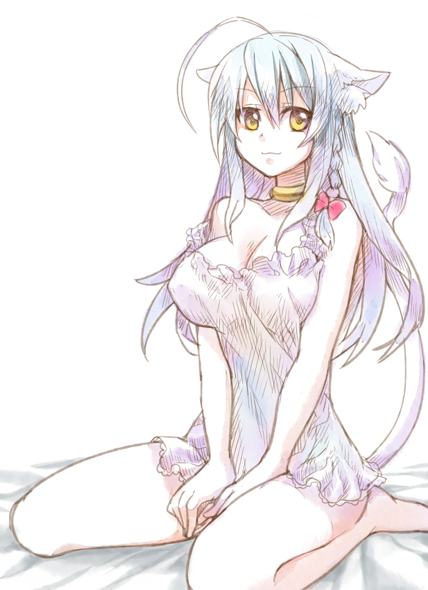 ahoge animal_ears bad_id bad_pixiv_id bare_shoulders barefoot braid breasts cat_ears cat_tail choker covered_nipples dog_days kaida_michi large_breasts legs leonmitchelli_galette_des_rois long_hair nightgown silver_hair single_braid sitting solo tail thighs white_hair yellow_eyes