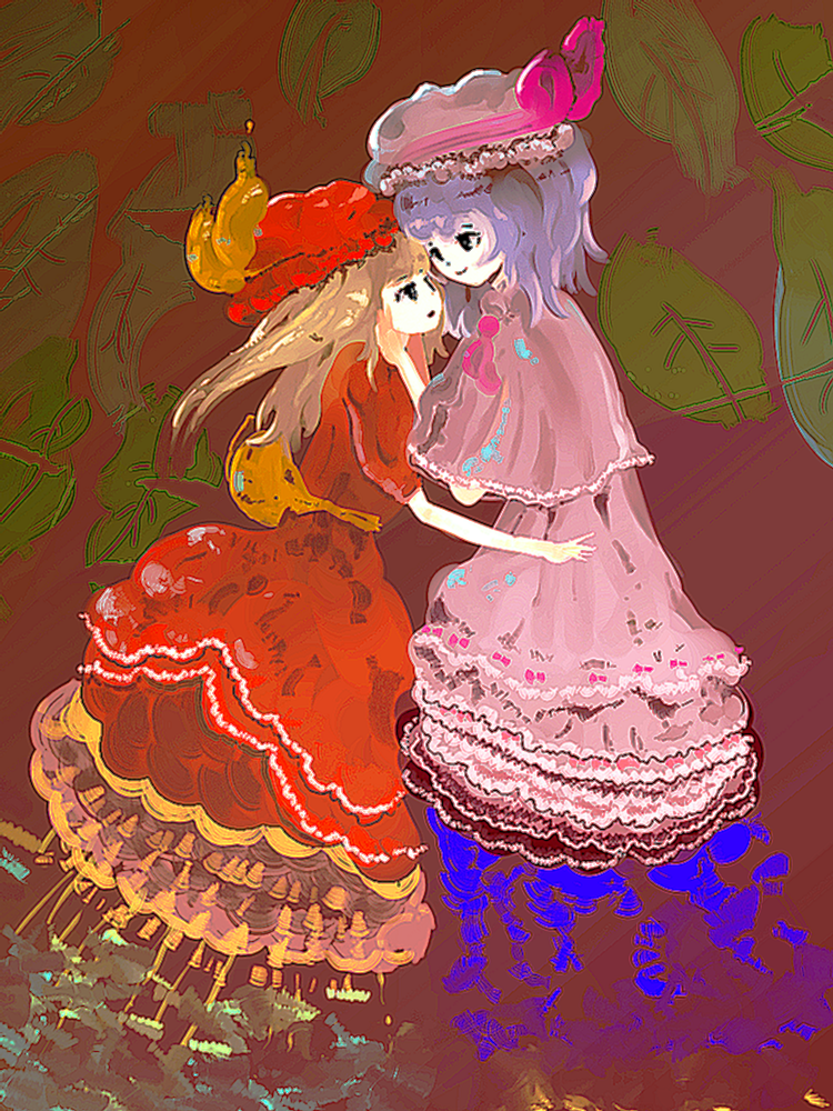 angra_pastel bad_id bad_pixiv_id dress embellished_costume eye_contact flandre_scarlet frilled_dress frills hat looking_at_another multiple_girls remilia_scarlet siblings sisters touhou