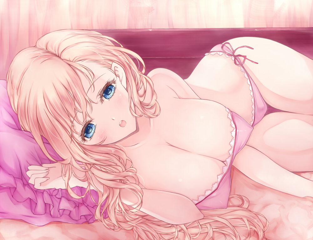 bianca blonde_hair blue_eyes blush bra breasts cleavage collarbone covered_nipples dragon_quest dragon_quest_v frilled_pillow frills huge_breasts lingerie long_hair lying modern_afro on_side open_mouth panties pillow pink_bra pink_panties side-tie_panties solo thigh_gap underwear underwear_only wavy_hair