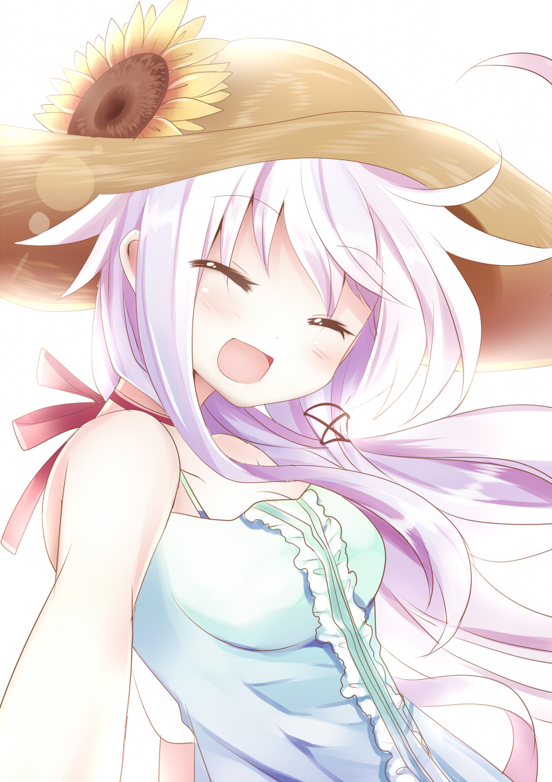 :d anceril_sacred bad_id bad_pixiv_id blush bow choker closed_eyes flower happy hat long_hair mishima_kurone multicolored_hair open_mouth original purple_hair shirokami_project smile solo straw_hat sunflower white_hair