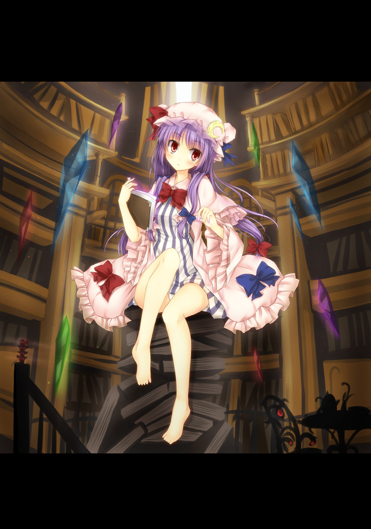 bare_legs barefoot blush book book_stack bow bowtie crescent crystal dress floating floating_object gem hair_bow hat kaguyuu legs letterboxed library long_hair patchouli_knowledge pink_dress purple_hair red_eyes sitting sitting_on_object solo touhou voile