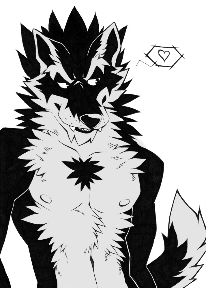 &hearts; abstract_background aluminemsiren black_and_white canine chromatic_background fangs male mammal monochrome nipples nude orion orion_(aluminemsiren) plain_background solo white_background wolf