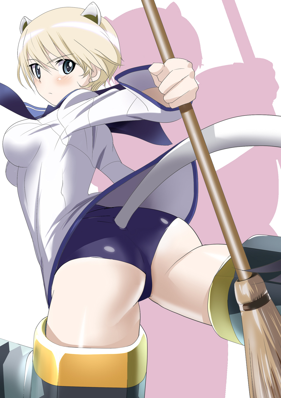 animal_ears ass blonde_hair blue_eyes blush brave_witches breasts broom cosplay from_behind highres kanchou_(karaja) looking_back medium_breasts miyafuji_yoshika miyafuji_yoshika_(cosplay) nikka_edvardine_katajainen no_panties school_swimsuit short_hair solo strike_witches striker_unit swimsuit swimsuit_under_clothes tail world_witches_series