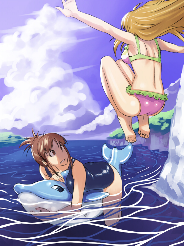 akizuki_ritsuko barefoot bikini blonde_hair brown_eyes brown_hair cloud day dolphin feet hoshii_miki idolmaster idolmaster_(classic) inflatable_dolphin inflatable_toy inu_(aerodog) jumping long_hair multiple_girls no_eyewear ocean one-piece_swimsuit outdoors outstretched_arms ponytail sky soles spread_arms swimsuit water