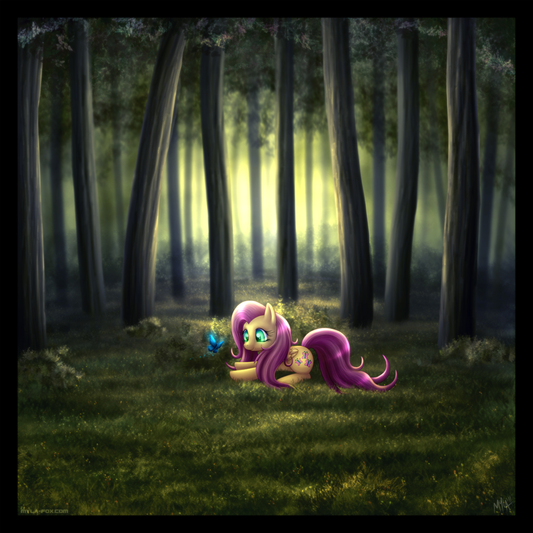 butterfly cute equine female feral fluttershy_(mlp) forest friendship_is_magic grass insect mammal my_little_pony mylafox pegasus solo tree wings wood