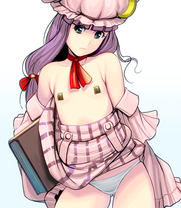 ascot bad_id bad_pixiv_id bare_shoulders blue_eyes book breasts cowboy_shot crescent detached_sleeves flat_chest hat long_hair masao off_shoulder panties pasties patchouli_knowledge postage_stamp purple_hair simple_background small_breasts solo touhou underwear white_panties