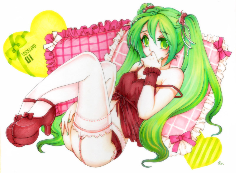 frilled_pillow frills garter_straps gon_(sude_ni_teokure) green_eyes green_hair hair_ornament hatsune_miku legs long_hair pillow shoes sitting solo thighhighs twintails vocaloid