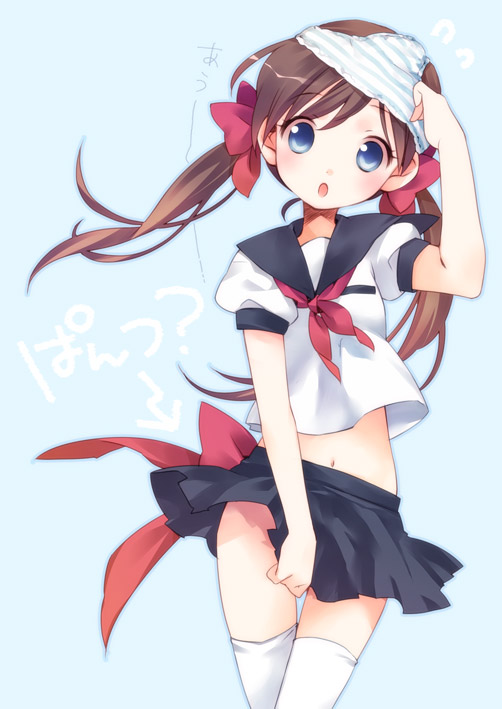 arm_up blue_eyes blue_panties blush bow brown_hair ech hair_bow midriff neckerchief object_on_head open_mouth original panties panties_on_head school_uniform serafuku solo striped striped_panties thighhighs translated twintails underwear