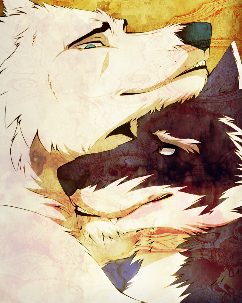 aluminemsiren anthro black black_fur black_nose blue_eyes canine chromatic_background duo embrace eye_contact fangs fur gay hug looking_at_each_other male mammal orion_(aluminemsiren) psychedelic red_eyes romantic smile teeth white white_fur wolf