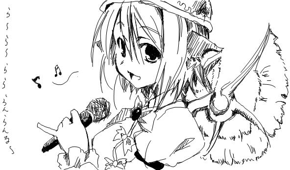 animal_ears dokkoi greyscale hat jpeg_artifacts microphone monochrome music musical_note mystia_lorelei oekaki short_hair singing solo touhou wings