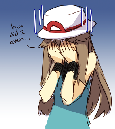 blue_(pokemon) brown_hair character_request commentary covering_face english facepalm gloom_(expression) hat long_hair lowres pokemon sketch solo weee_(raemz) wristband