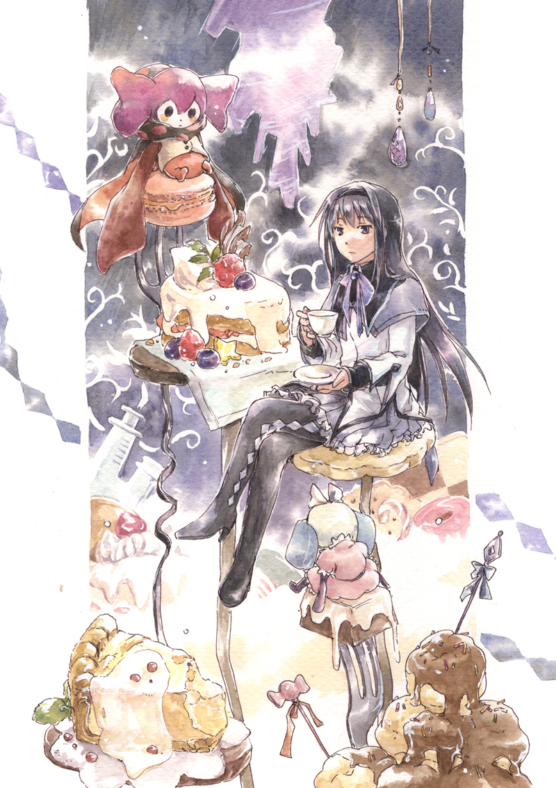 akemi_homura argyle argyle_legwear black_hair black_legwear bow cake charlotte_(madoka_magica) crossed_legs cup food fork fruit hairband hoshikuzushi icing long_hair macaron magical_girl mahou_shoujo_madoka_magica pantyhose purple_eyes saucer sitting skirt sweets syringe teacup witch's_labyrinth witch_(madoka_magica)